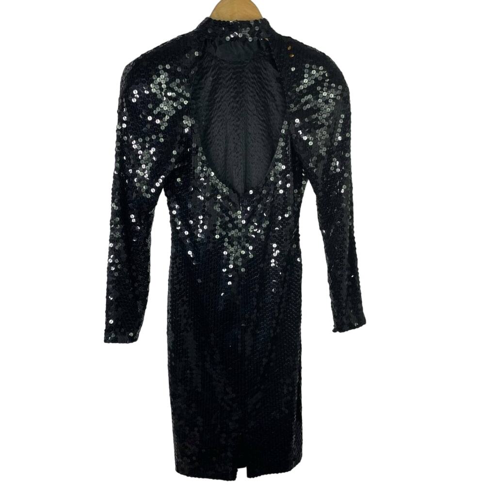 Vintage Black Sequin Dress Long Sleeve 1980s Glam Sparkle - Picture 3 of 10